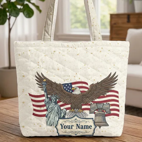 Bald Eagle American Flag Statue Liberty Bell Independence Day Gift for Veterans Quilted Tote Bag