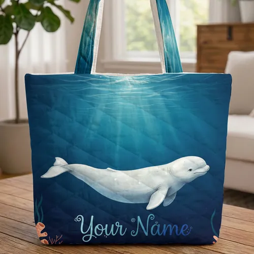 White Beluga Whale Ocean Ripple Water Coral Scene - Ocean Lover Everyday Carry Gift Quilted Tote Bag