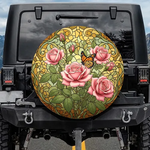 Rose Monarch Butterfly Stained Glass Botanical - Wildlife Lover Gift Spare Tire Cover