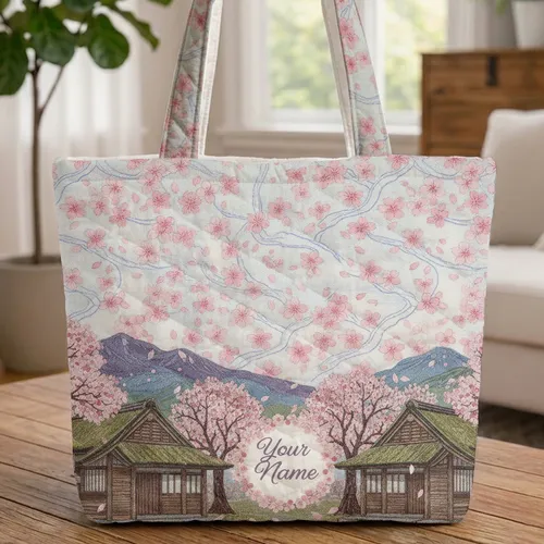 Personalized Cherry Blossom Japanese Houses - Everyday Carry Gift for Travelers Quilted Tote Bag