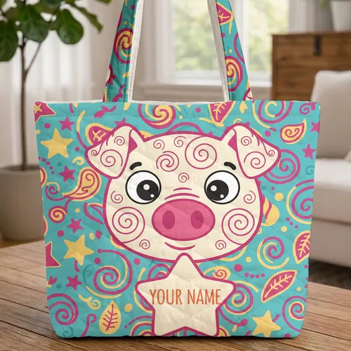 Pig Face Star Cartouche Swirling Lines Stars Leaves - Everyday Carry Gift for Kids Quilted Tote Bag