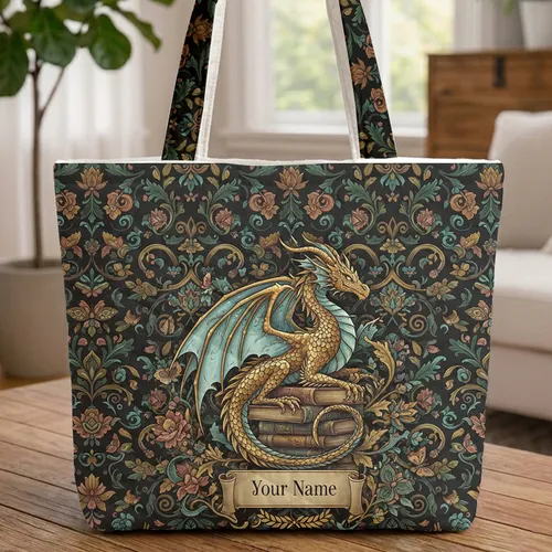 Majestic Dragon Antique Books Vintage Floral - Book Lover Everyday Carry Gift Quilted Tote Bag