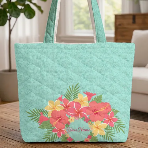 Personalized Plumeria Hibiscus Bouquet Tropical Leaves Wreath - Everyday Carry Gift Quilted Tote Bag