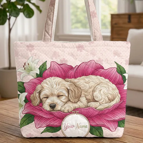 Sleeping Puppy Floral Petals Lilies Everyday Carry Gift for Dog Lover Quilted Tote Bag