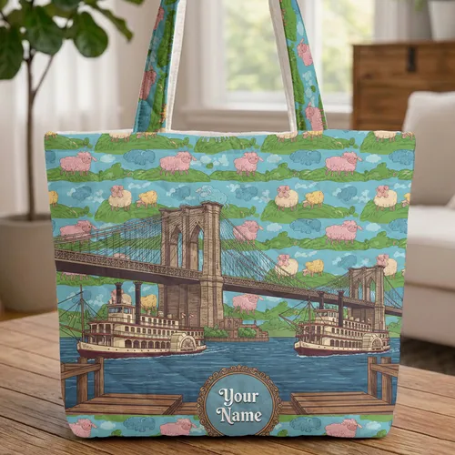 Brooklyn Bridge Steamboats Sheep Hills - Travel Lover Everyday Carry Gift Quilted Tote Bag