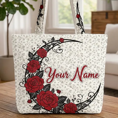 Rose Crescent Moon Black Leaf Calligraphy Name Everyday Carry Gift for Women Quilted Tote Bag
