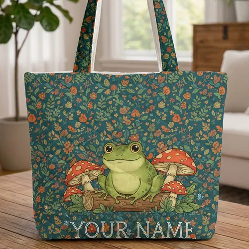 Cheerful Frog Mushroom Woodland Storybook - Everyday Carry Gift for Frog Lovers Quilted Tote Bag