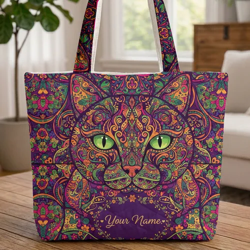 Personalized Cat Face Floral Mosaic - Everyday Carry Gift for Cat Lover Quilted Tote Bag