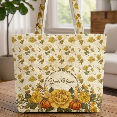 Golden Rose Pumpkins Lit Candle Autumn Floral - Autumn Harvest Gift Quilted Tote Bag