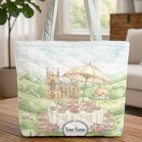 English Countryside Tea Party Cottages - Everyday Carry Gift for Tea Lover Quilted Tote Bag