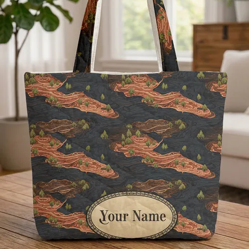 Earthy Vintage Topographic Map Terraces Ornate Medallion - Everyday Carry Gift Quilted Tote Bag