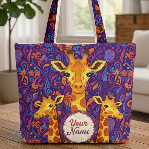 Three Giraffes Floral Swirls Mosaic - Everyday Carry Gift for Wildlife Lovers Quilted Tote Bag