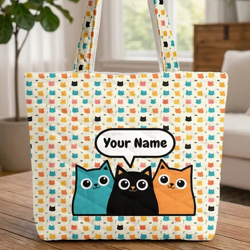 Three Cats Fishbone Cloud Speech Bubble - Everyday Carry Gift for Cat Lover Quilted Tote Bag