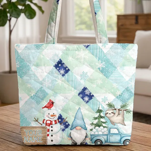 Personalized Snowman Gnome Sloth Blue Truck Winter Holiday Carry Gift Quilted Tote Bag