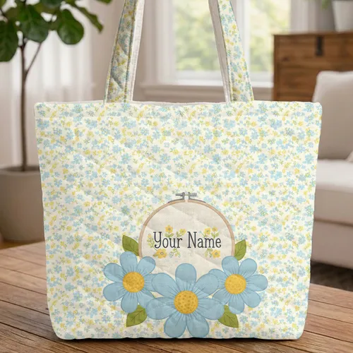 Personalized Hoop Daisy Flowers for Kids Everyday Carry Gift Quilted Tote Bag