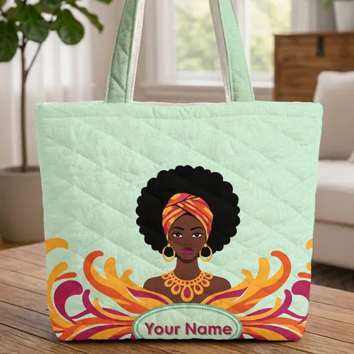 Afro Headwrap Woman Dark Skin Colorful Headwrap Flowing Lines - Everyday Carry Gift Quilted Tote Bag