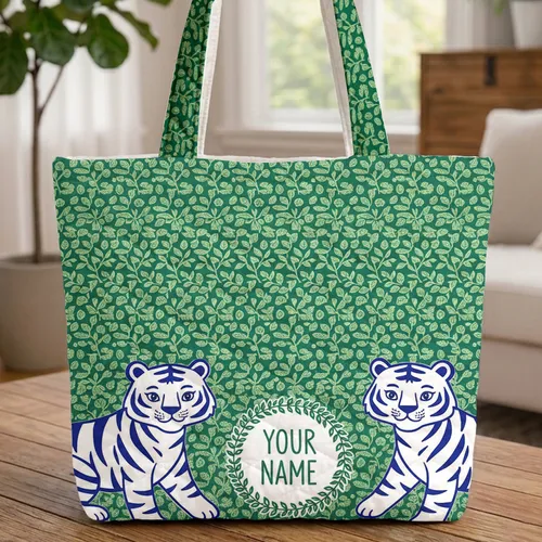 White Body Royal Blue Stripe Tigers Leaf Garland - Personalized Everyday Carry Gift Quilted Tote Bag