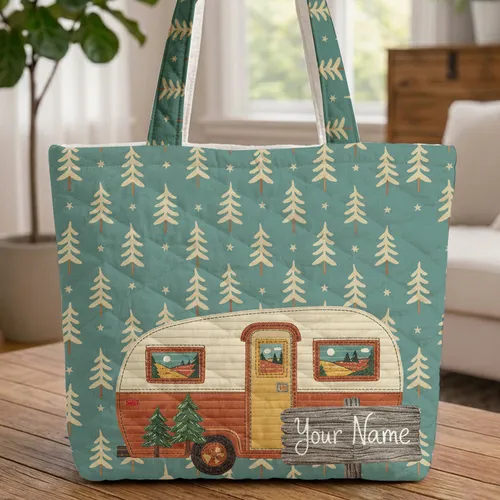 Vintage Travel Trailer Pine Trees Stars Scenic Camping Road Trip Adventure Gift Quilted Tote Bag