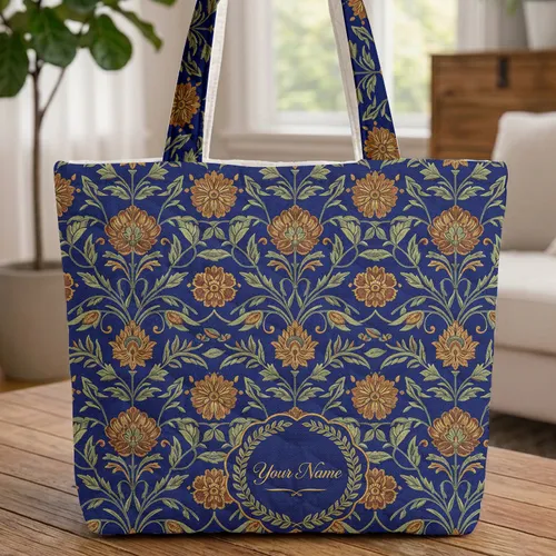 Gold Bronze Olive Floral Medallion Personalized Wreath Everyday Carry Gift Quilted Tote Bag
