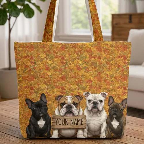 French English Bulldogs Autumn Forest Name Plaque - Dog Lover Everyday Carry Gift Quilted Tote Bag