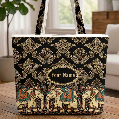 Boho Three Elephants Paisley Golden Swirls Everyday Carry Gift Quilted Tote Bag