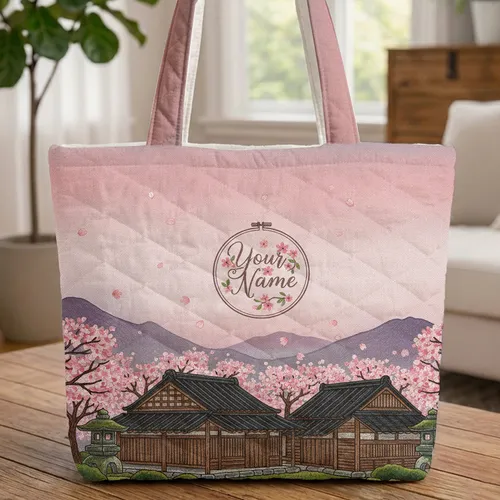 Japanese Wooden Houses Garden Lanterns Cherry Blossom Sky - Everyday Carry Gift Quilted Tote Bag