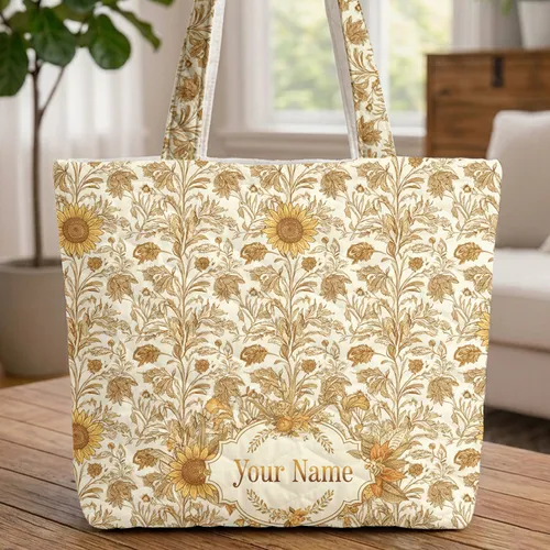 Ornate Botanical Sunflowers Irises Foliage Name - Everyday Carry Travel Gift Quilted Tote Bag