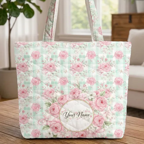 Personalized Pink Rose Floral Calligraphy Hoop - Everyday Carry Gift Quilted Tote Bag