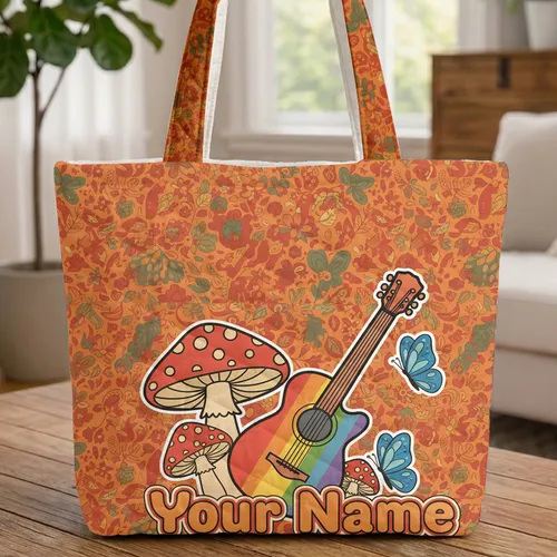 Rainbow Guitar Fly Agaric Mushroom Blue Butterfly - Everyday Carry Gift Quilted Tote Bag