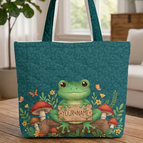 Forest Frog Mushroom Toadstools Your Name Wooden Sign - Everyday Carry Gift Quilted Tote Bag