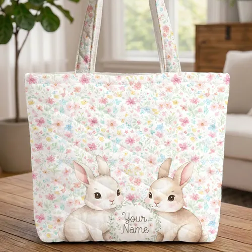 Baby Bunnies Wildflowers Name Floral Wreath - Everyday Carry Lifestyle Gift for Kids Quilted Tote Bag