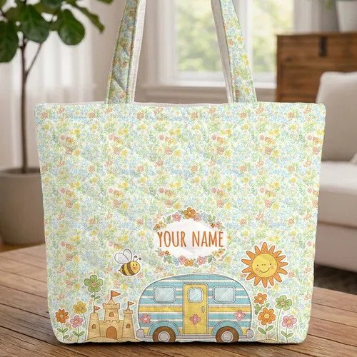 Personalized Retro Camper Van Picnic Beach Scene Wildflowers - Travel Essentials Quilted Tote Bag