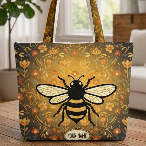 Majestic Bee Folk Art Flowers Personalized Name - Everyday Carry Gift Quilted Tote Bag