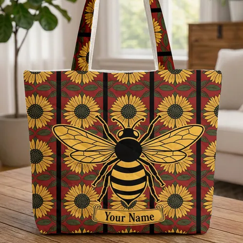 Black Bee Botanical Sunflowers Leaves Vertical Stripes Curved Scroll Everyday Carry Gift Quilted Tote Bag
