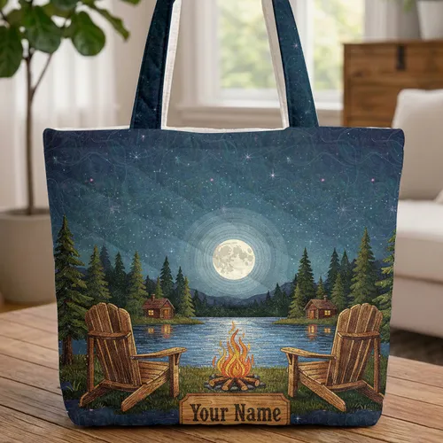 Western Name Sign Lakeside Campfire Scene - Everyday Carry Camping Lover Gift Quilted Tote Bag