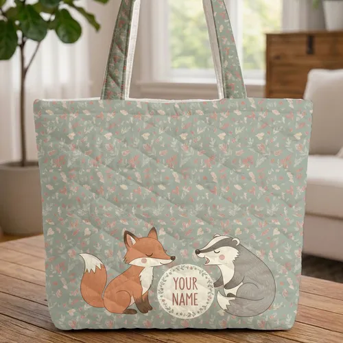 Forest Fox Badger Leaves Berries Floral Medallion Everyday Carry Gift Quilted Tote Bag