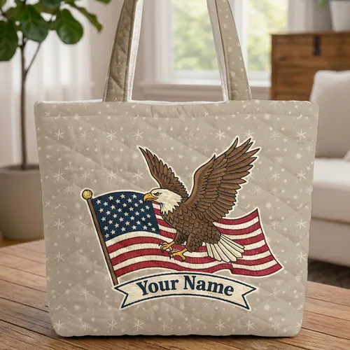 Bald Eagle American Flag Personalized Your Name - Independence Day Gift Quilted Tote Bag