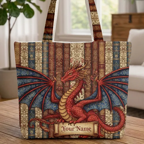 Majestic Red Dragon Ornate Book Spines Floral Damask - Everyday Carry Gift for Dragon Lover Quilted Tote Bag