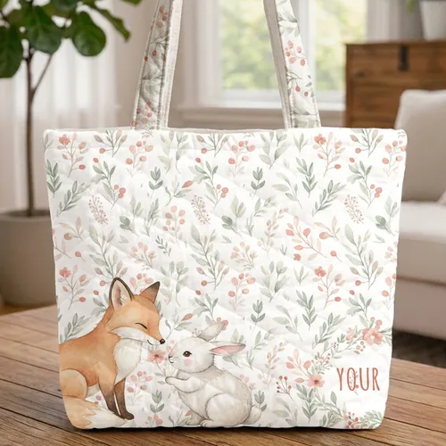 Fox Bunny Floral Wreath Everyday Carry - Storybook Lover Gift Quilted Tote Bag