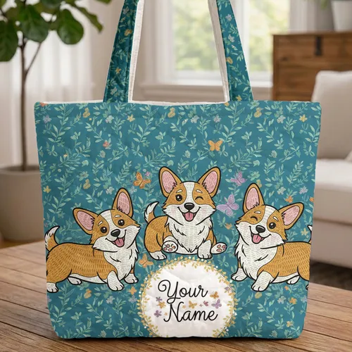 Corgi Dogs Floral Wreath Butterflies - Everyday Carry Gift for Corgi Lover Quilted Tote Bag