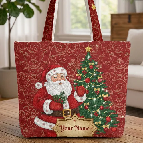 Santa Claus Christmas Tree Personalized Name - Christmas Holiday Gift Quilted Tote Bag