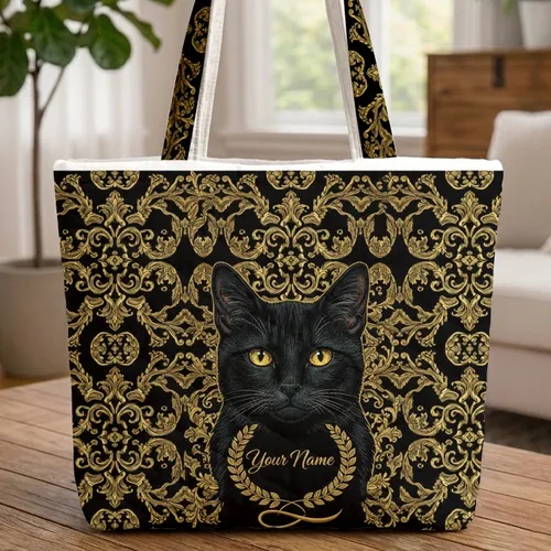 Black Cat Golden Filigree Acanthus Leaf Wreath - Everyday Carry Gift for Cat Lover Quilted Tote Bag