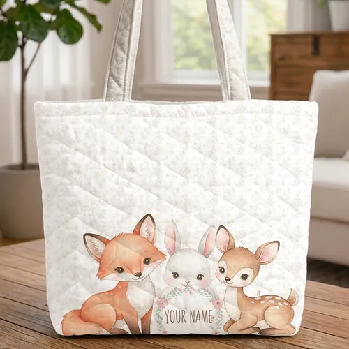 Fox Bunny Deer Fawn Floral Wreath Botanical Wildlife Lover Everyday Carry Gift Quilted Tote Bag