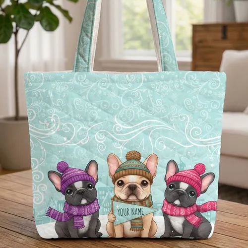 French Bulldogs Winter Hats Snowflakes - Holiday Season Everyday Carry Gift for Dog Lovers Quilted Tote Bag