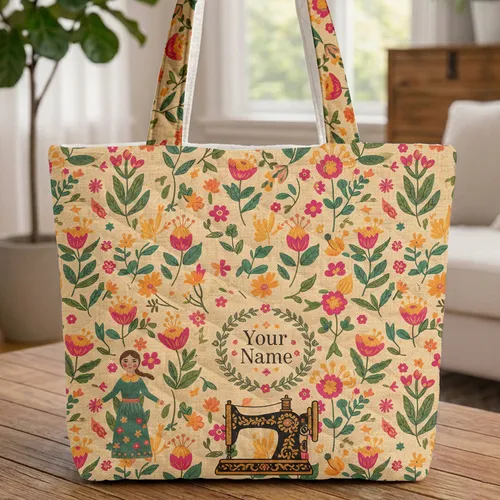 Vintage Sewing Machine Folk Art Wildflowers Personalized Name - Everyday Carry Gift Quilted Tote Bag