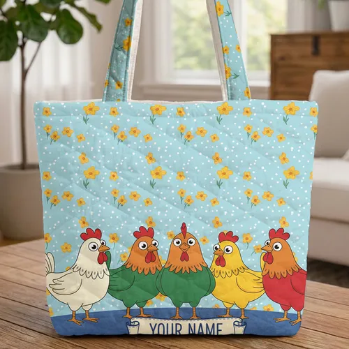 Personalized Five Cartoon Chickens Yellow Flowers - Market Day Gift for Chicken Lover Quilted Tote Bag
