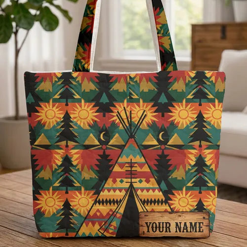 Teepee Mountain Sun Moon Western Sign Everyday Carry Gift Quilted Tote Bag