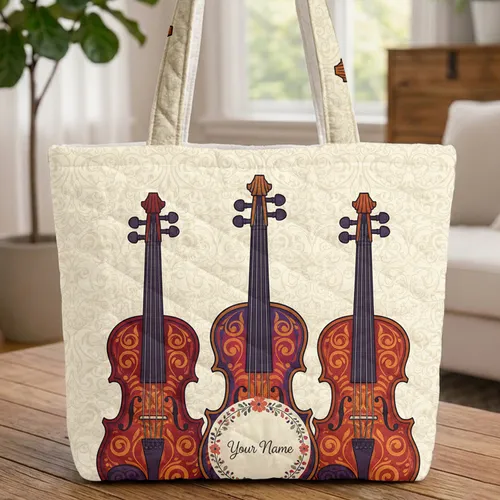 Vibrant Ornate Violins Floral Wreath Everyday Carry - Music Lover Gift Quilted Tote Bag