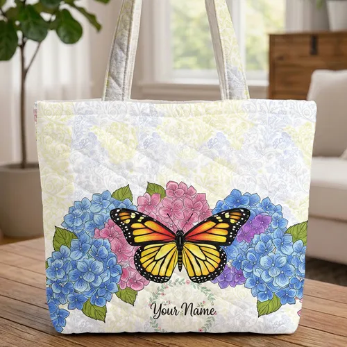 Monarch Butterfly Hydrangea Floral Wreath - Everyday Carry Gift Quilted Tote Bag