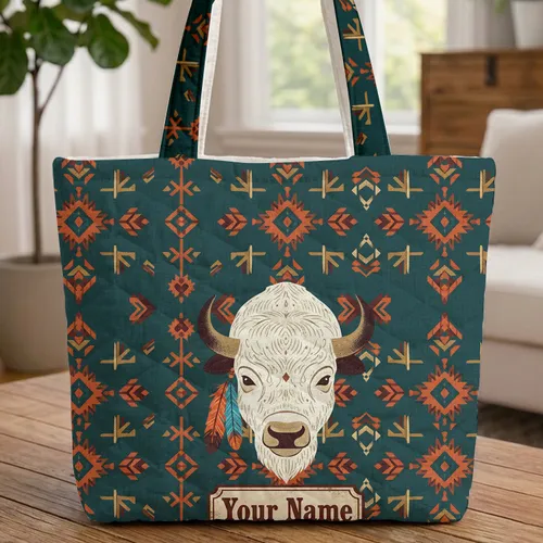Native American Bison Head Feather Personal Name Plaque - Everyday Carry Gift for Traveler Quilted Tote Bag
